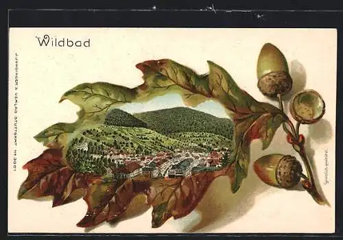 Passepartout-Lithographie Bad Wildbad, Sicht über den Ort im Eichenblatt