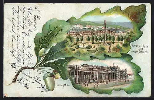 Passepartout-Lithographie Stuttgart, Ansicht vom Königsbau, Schlossplatz mit neuem Schloss, Ansichten auf Eichenblättern