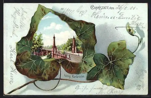 Passepartout-Lithographie Cannstatt, König Karlbrücke in einem Weinblatt