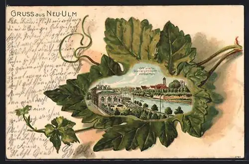 Passepartout-Lithographie Neu-Ulm, Offiziers-Dienstgebäude mit Garten, Eichenblatt