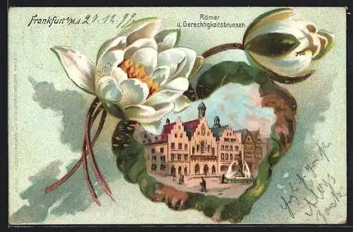 Passepartout-Lithographie Alt-Frankfurt, Römer u. Gerechtigkeitsbrunnen, Eichenblatt