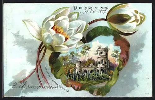 Lithographie Duisburg, Aussichtsturm auf dem Kaiserberge, Blumen