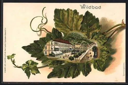 Passepartout-Lithographie Wildbad / Schwarzwald, Kurplatz in einem Weinblatt