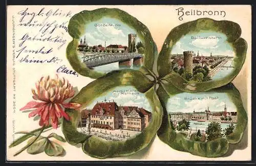 Passepartout-Lithographie Heilbronn, Götzenturm, Bollwerkturm, Brücke mit Post, Marktplatz mit Rathaus, Glücksklee