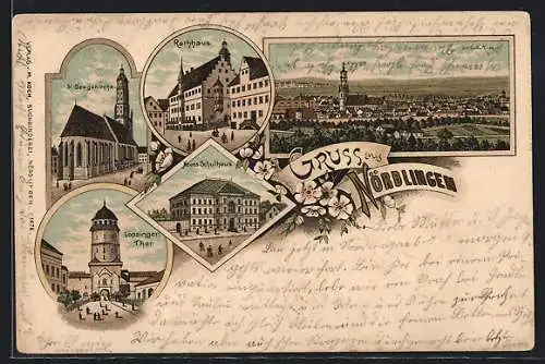 Lithographie Nördlingen, Neues Schulhaus, Löpsinger-Tor, St. Georgskirche, Rathaus