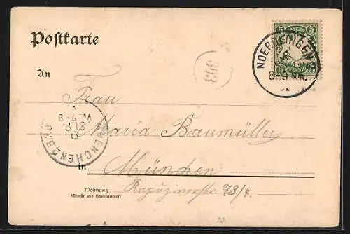 Lithographie Nördlingen, Neues Schulhaus, Löpsinger-Tor, St. Georgskirche, Rathaus