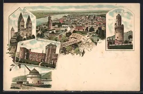 Lithographie Andernach, Dom, Runder Turm, Alter Krahnen und Ortsansicht