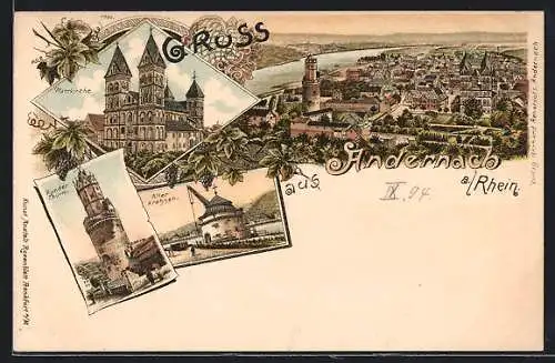 Lithographie Andernach a. Rhein, Panorama, Pfarrkirche, Alter Krahnen