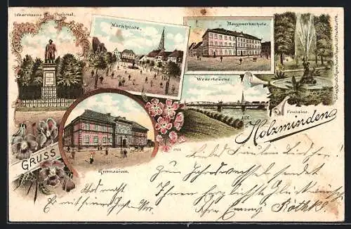 Lithographie Holzminden, Marktplatz, Gymnasium, Weserbrücke