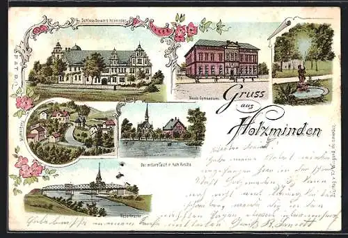 Lithographie Holzminden, Neues Gymnasium, Weserbrücke, Schloss Bevern