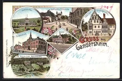 Lithographie Bad Gandersheim, Marktplatz und Stiftskirche, Bahnhof, Ludolphs-Bad