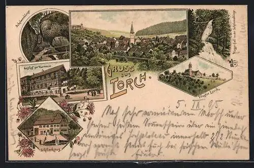 Lithographie Lorch / Württbg., Gasthof zur Harmonie, Schifferhaus, Kloster