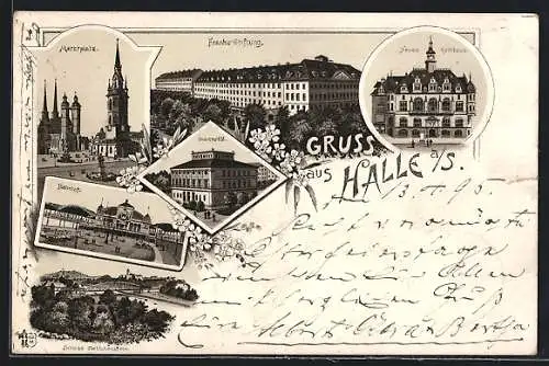 Lithographie Halle /Saale, Franke-Stiftung, Marktplatz, Bahnhof, Universität