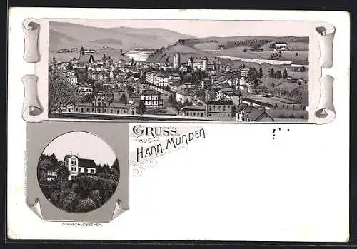 Lithographie Hann Münden, Hotel-Pension Bergschlösschen, Panorama