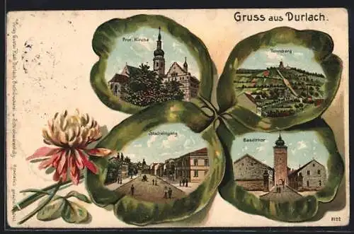 Passepartout-Lithographie Durlach, Kleeblatt mit Blüte, Baselthor, Strassenpartie, Turmberg