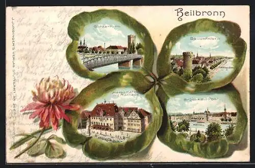 Passepartout-Lithographie Heilbronn, Götzenturm, Bollwerkturm, Brücke mit Post, Marktplatz mit Rathaus, Glücksklee