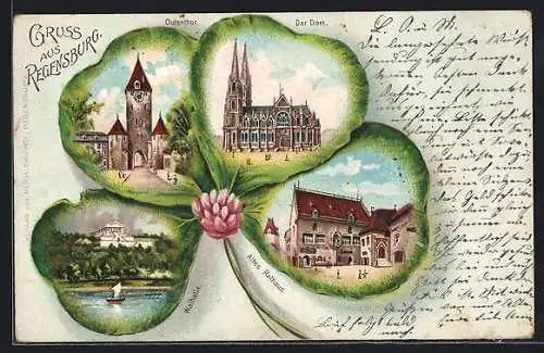 Passepartout-Lithographie Regensburg, Dom, Walhalla und Ostentor im Kleeblatt