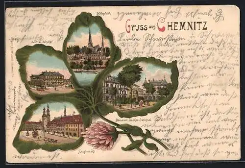 Passepartout-Lithographie Chemnitz, Central-Bahnhof, Börse mit Becker-Denkmal, Kleeblatt mit Blüte, Schlossteich