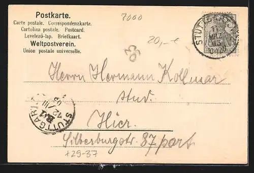 Passepartout-Lithographie Stuttgart, Eberhardsgruppe, Gedeckter Tisch und Wappen