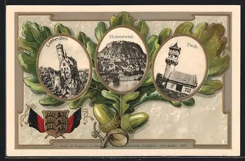 Passepartout-Lithographie Hohentwiel, Lichtenstein, Teck, Eichenzweig mit Wappen