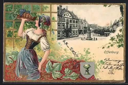 Passepartout-Lithographie Offenburg, Stadtplatz mit Denkmal, Wappen, Winzerin im Kleid