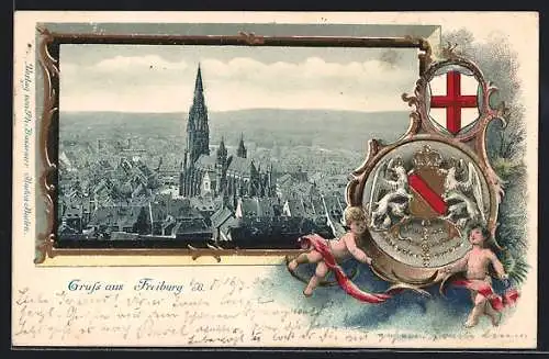 Passepartout-Lithographie Freiburg i. B., Stadtansicht, Wappen