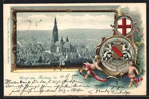 Passepartout-Lithographie Freiburg i. B., Blick auf den Münster, Wappen