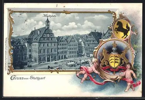 Passepartout-Lithographie Stuttgart, Blick auf den Marktplatz, Wappen