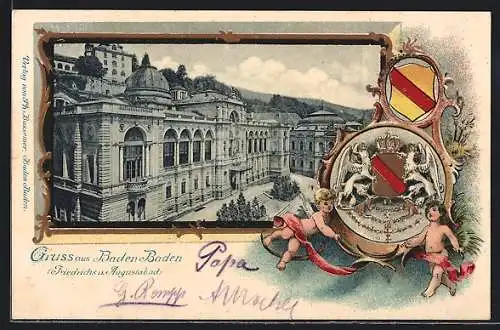 Passepartout-Lithographie Baden Baden, Friedrichs- und Augustabad, Wappen