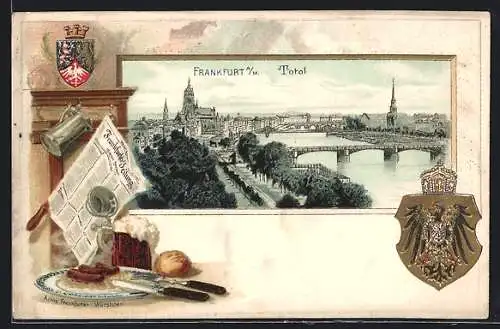 Passepartout-Lithographie Frankfurt /Main, Panorama mit Mainbrücken, Ächte Frankfurter Würstchen, Wappen