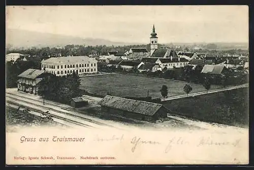 AK Traismauer, Teilansicht mit Kirche und Bahnhof