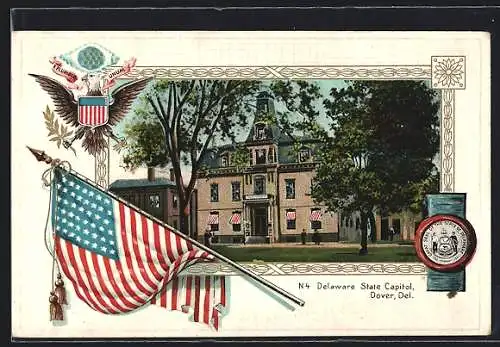 AK Dover, DE, Delaware State Capitol, Flag and Coat of Arms of the USA