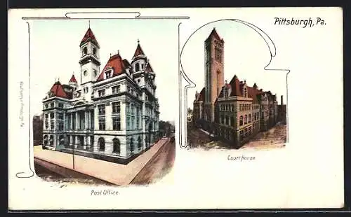 Lithographie Pittburgh, PA, Postoffice, Court House