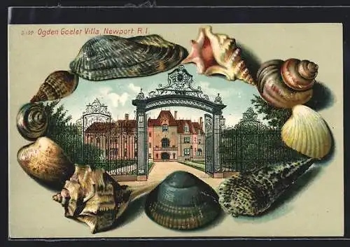 Lithographie Newport, RI, Ogden Goeler Villa, framed by seashells