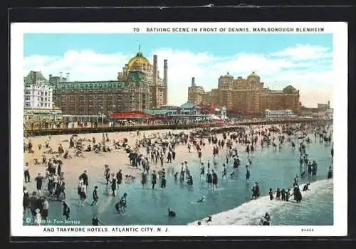 AK Atlantic City, NJ, Traymore Hotels, Bathing Scene in Front of Dennis, Marlborough Blenheim