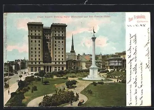 AK San Francisco, CA, Union Square showing Naval Monument and San Francis Hotel