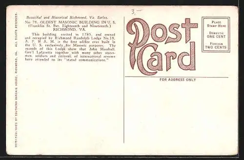 AK Richmond, Oldest Masonic Building in U. S., Franklin bet. 18th and 19th Sts.