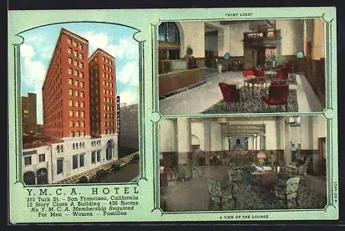 AK San Francisco, CA, Y. M. C. A. Hotel Front Lobby, Lounge, 351 Turk Street