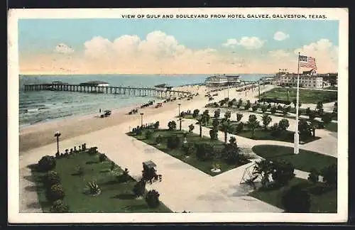 AK Galveston, TX, View of Gulf and Boulevard from Hotel Galvez
