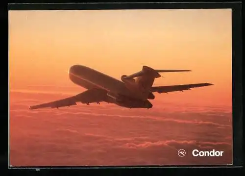AK Condor, Flugzeug Europa-Jet Boeing 727-230 im Abendrot