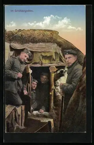 AK Vier uniformierte Soldaten am Unterschlupf im Schützengraben