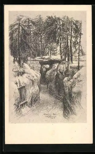 Künstler-AK Wacht im Osten, A. Lahmer, Ein Soldat in Uniform im Schützengraben