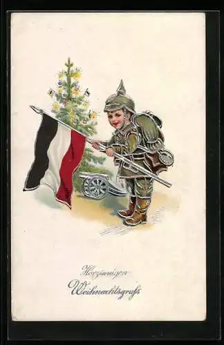 AK Junge in Uniform mit Marschgepäck, Weihnachtsbaum, Geschütz und Reichsfahne