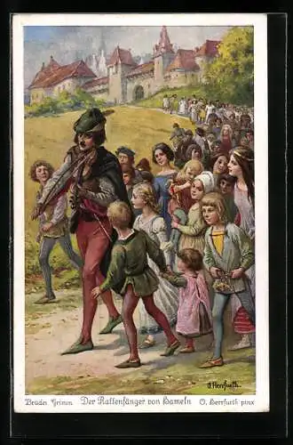Künstler-AK Oskar Herrfurth: Der Rattenfänger von Hameln bringt die Kinder aus der Stadt