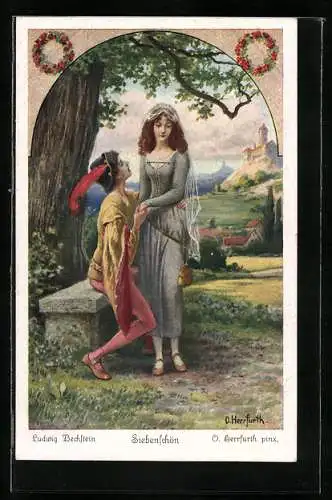 Künstler-AK Oskar Herrfurth: Siebenschön mit Prinz auf Bank