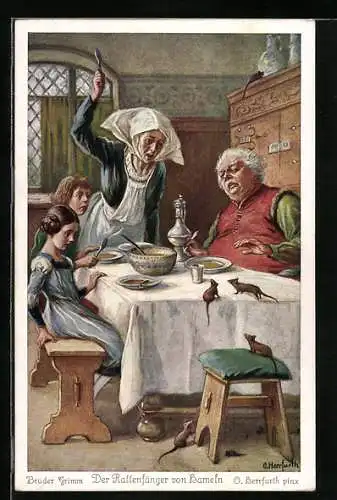 Künstler-AK Oskar Herrfurth: Mäuse auf dem Esstisch einer Familie, Rattenfänger von Hameln, Brüder Grimm