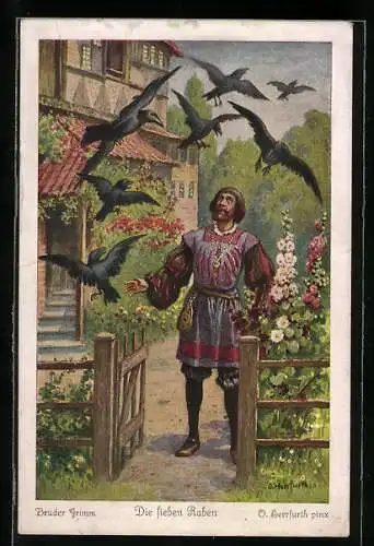 Künstler-AK Oskar Herrfurth: Märchen Die sieben Raben, Vater verflucht seine Jungen die zu Raben werden