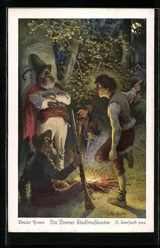 Künstler-AK Oskar Herrfurth: Brüder Grimm, Die Bremer Stadtmusikanten, Nr. 5, Der Räuberhauptmann erfährt von der Hexe