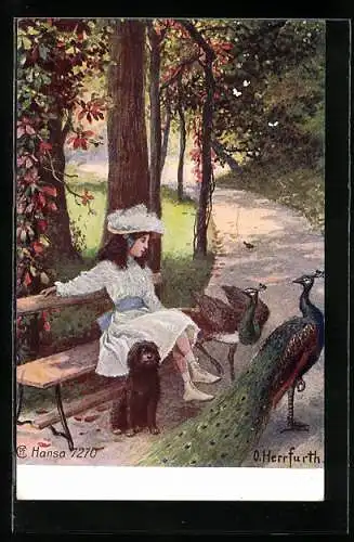 Künstler-AK Oskar Herrfurth: Mädchen auf einer Parkbank und Pfaue