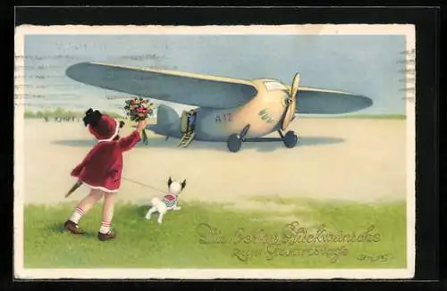 Künstler-AK F.Baumgarten: Mädchen m. Hund begrüsst Passagier am Flugzeug